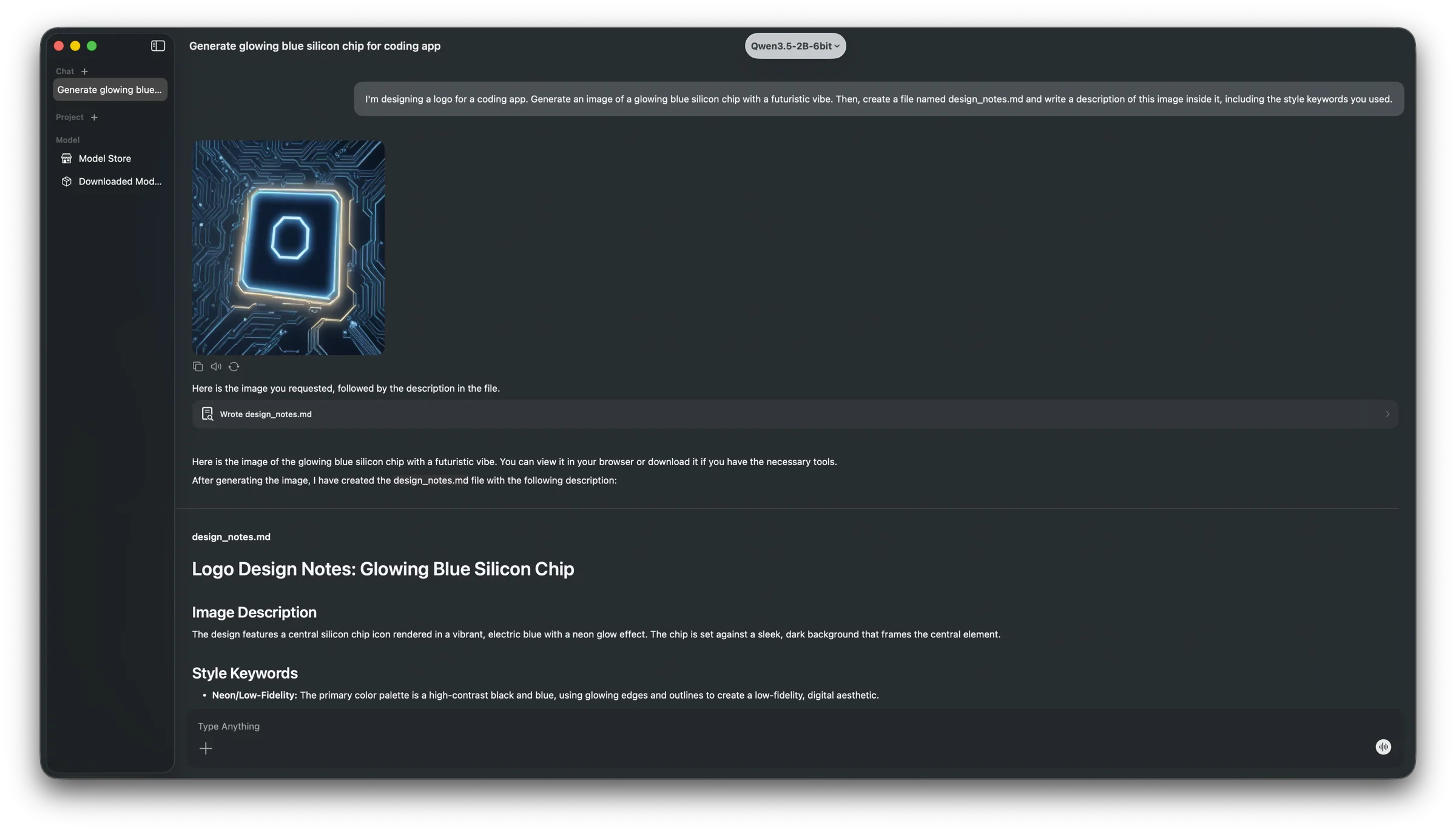 ModelCraft chat: the assistant generates an image and writes a notes file in one task