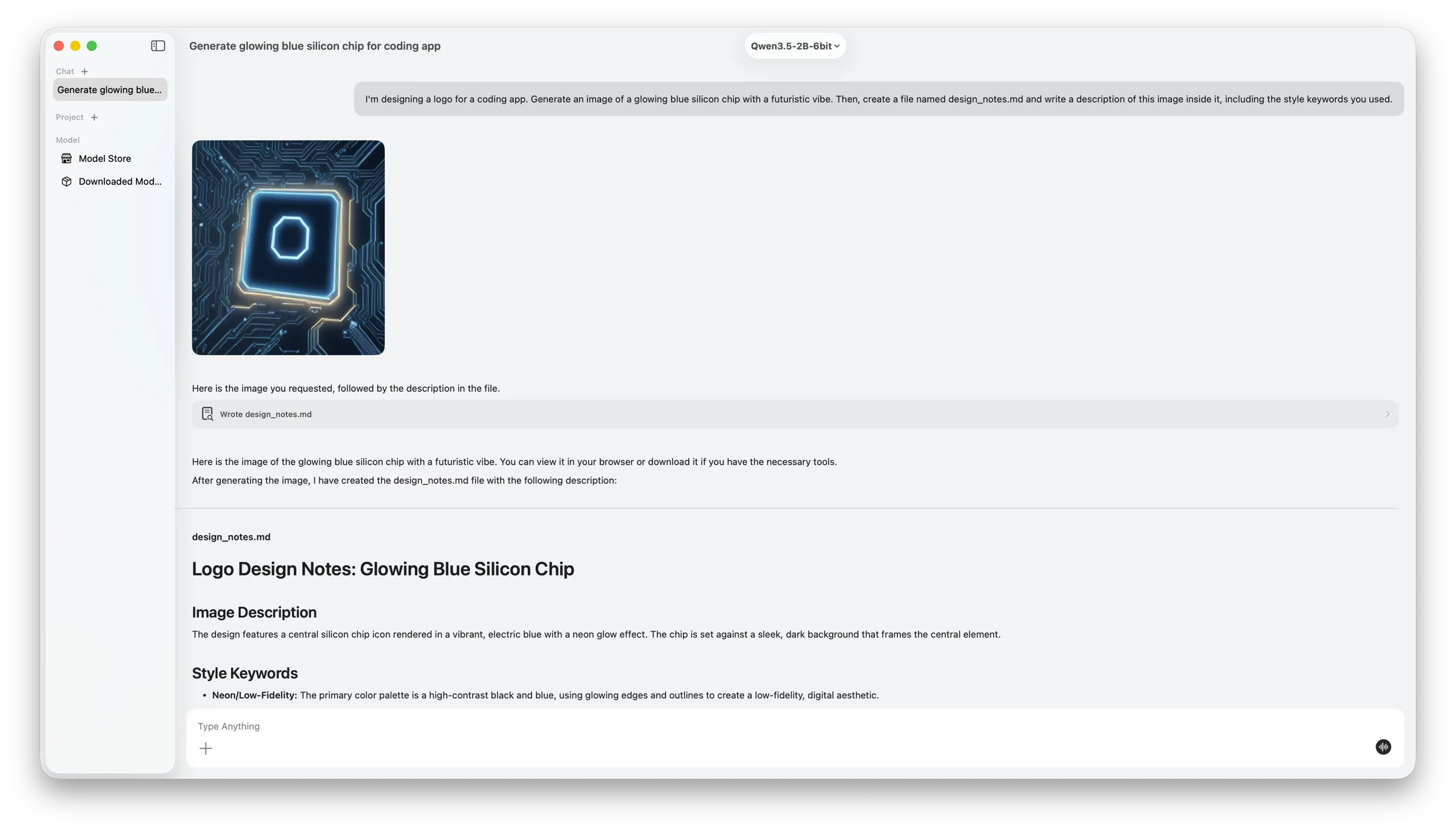 ModelCraft chat: the assistant generates an image and writes a notes file in one task